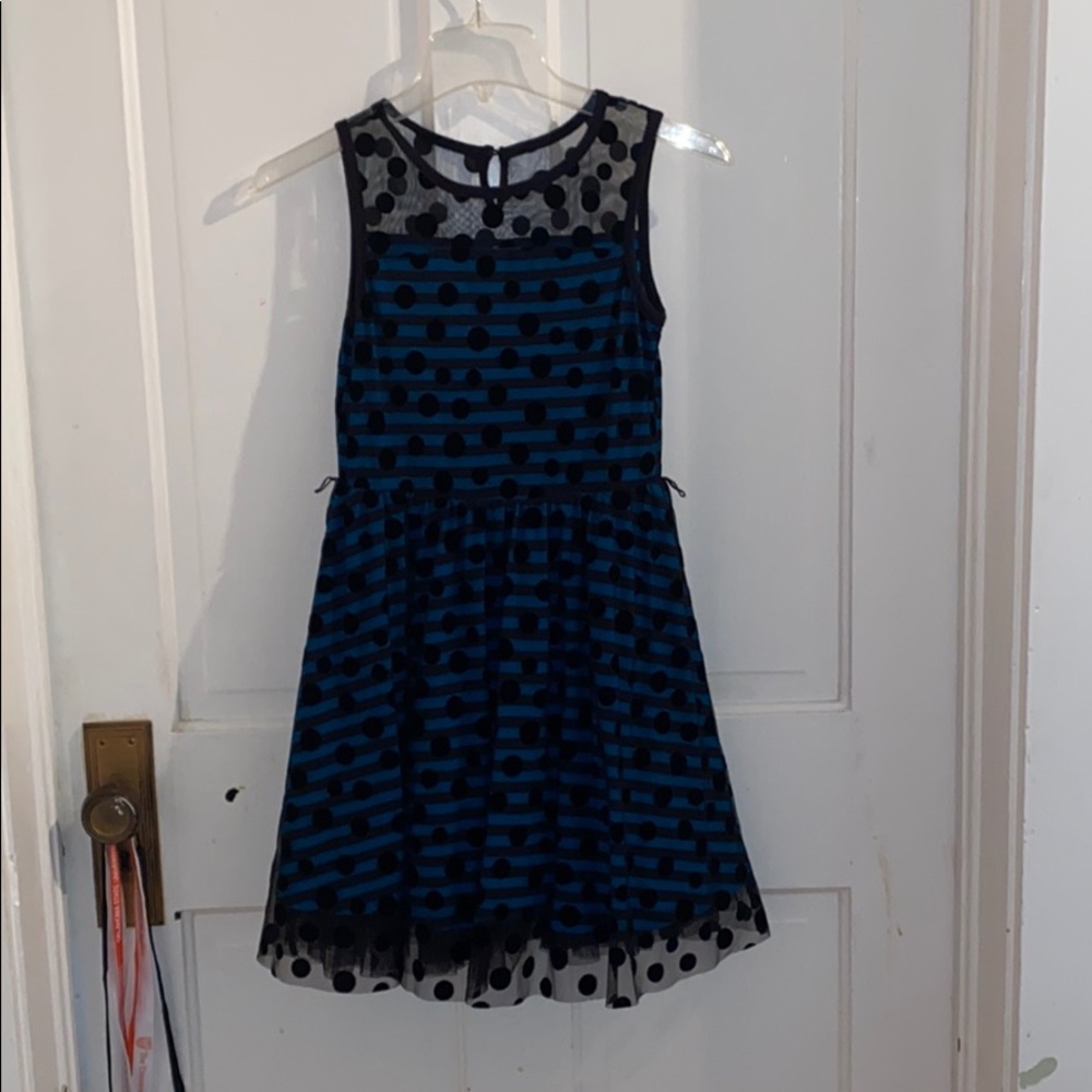 Kids striped blue dress with mesh and polkadots
